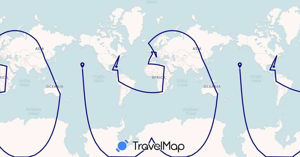 TravelMap itinerary: driving in Australia, Brazil, Canada, China, Germany, Egypt, Spain, Faroe Islands, France, United Kingdom, Italy, Jamaica, Morocco, Mexico, Peru, Russia, United States, South Africa (Africa, Asia, Europe, North America, Oceania, South America)